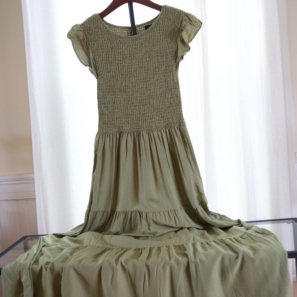 KYL Olive Smocked Tiered Maxi Dress